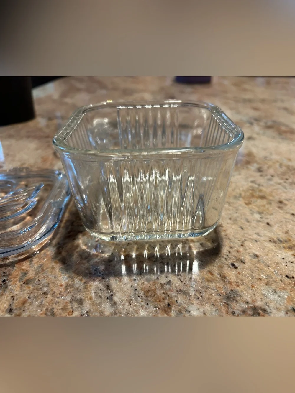 Vintage Ribbed Federal Glass Refrigerator Box w/ (2) Embossed Lids. 4.25”x2.75”